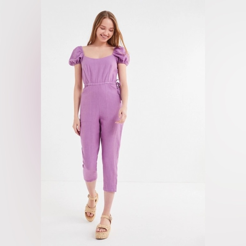 Samantha Pleet Siren Purple Puff Sleeve Linen Jumpsuit